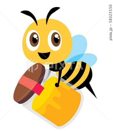 Cartoon cute bee holds a big bottle of  fresh honey product. Delivery fresh natural honey product to customer. - Flat art vector 58325550
