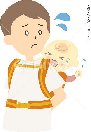 泣く赤ちゃんとおんぶするお父さんのイラスト素材 5268