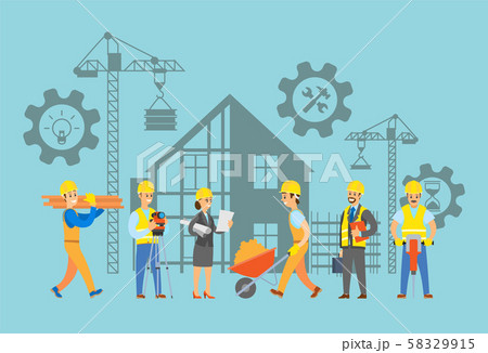 Buildings with Cranes and Machinery Workers Set 58329915