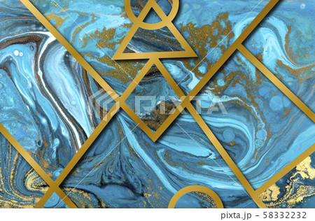 Blue and gold marbling pattern. Marble liquid texture with golden stripes. Blue and gold marbling pattern. Marble liquid texture with golden stripes. 58332232