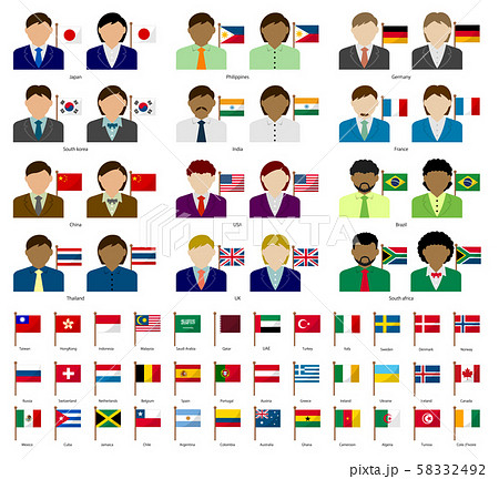 男性 女性ビジネスマン 国旗 イラストセット 上半身 顔なしシルエット 国旗入れ替え可能のイラスト素材