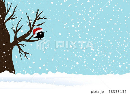 Winter Landscape Scene. Christmas New Year Greeting Card. Forest Falling Snow black  Bird Sitting on Tree. Blue Sky. 58333155