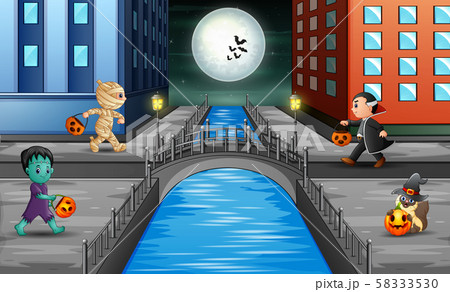 Halloween night town with many character Halloween night town with many character 58333530