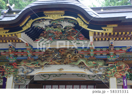 Wood Carving details on Hodosan Shrine in Chichibu Saitama Japan Wood Carving details on Hodosan Shrine in Chichibu Saitama Japan 58335331