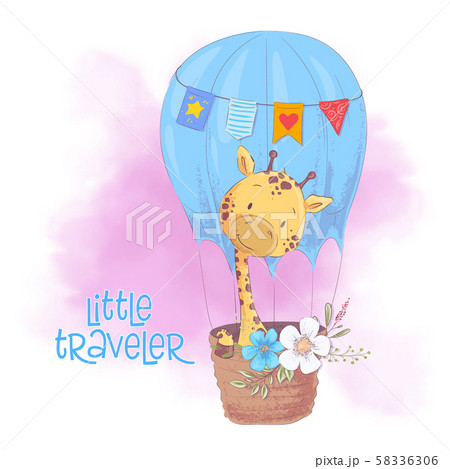Cute cartoon giraffe in a balloon with flowers. Vector illustration 58336306