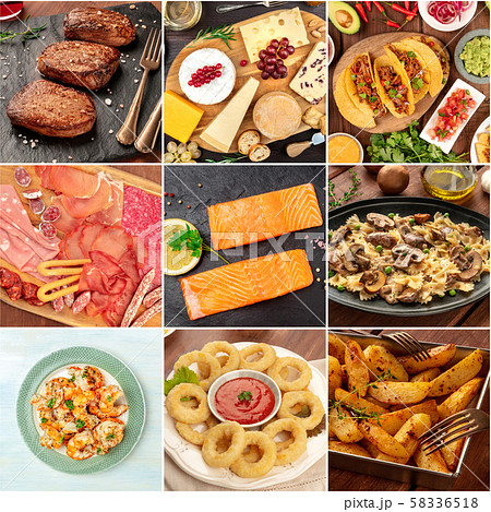 Food Collage. Many photos of tasty dishes, a square design template for a banner, flyer, or Food Collage. Many photos of tasty dishes, a square design template for a banner, flyer, or 58336518