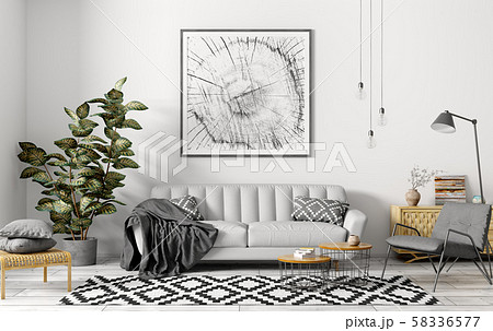 Interior of modern living room with grey sofa 3d 58336577