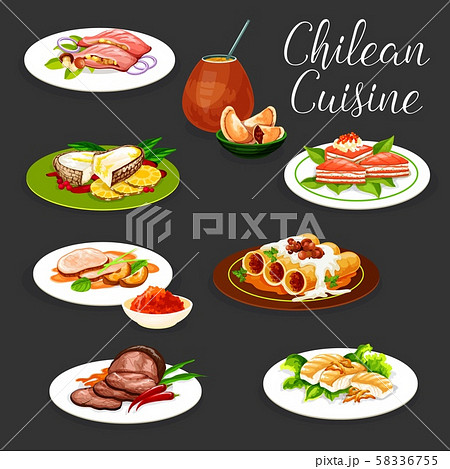 Chilean dishes of fish and meat with vegetables 58336755