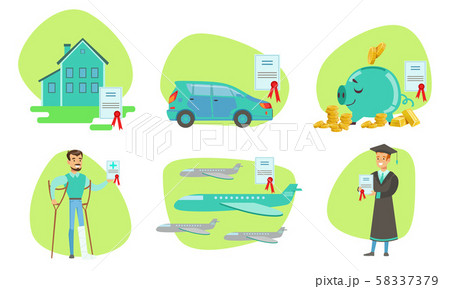 Insurance Company Services Set, Protecting of Property, Savings, Health, Air Travel Vector 58337379