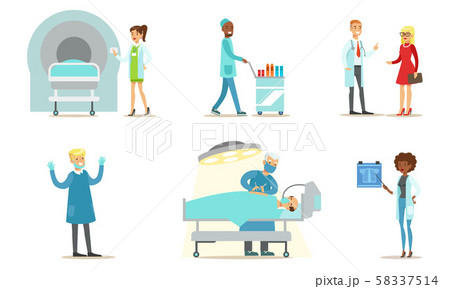 Doctors Examining and Treating Patients Set, Medical Care in Clinic or Hospital Vector Illustration 58337514