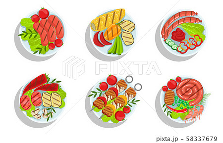 Healthy Dishes Set, Top view of Grilled Sausages and Vegetables on Plates Vector Illustration 58337679
