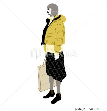 ダウンジャケットを着て買い物をしている若い女性のイラスト素材 5305