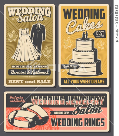 Wedding rings, cake, bride dress and groom suits Wedding rings, cake, bride dress and groom suits 58338883