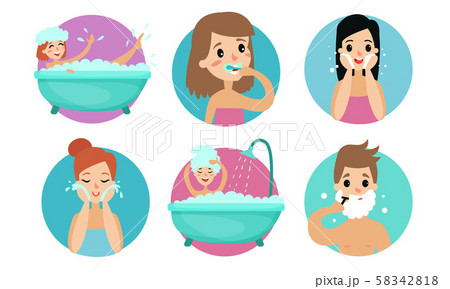 Routine Hygiene Procedures In The Bathroom Vector Illustration Set 58342818