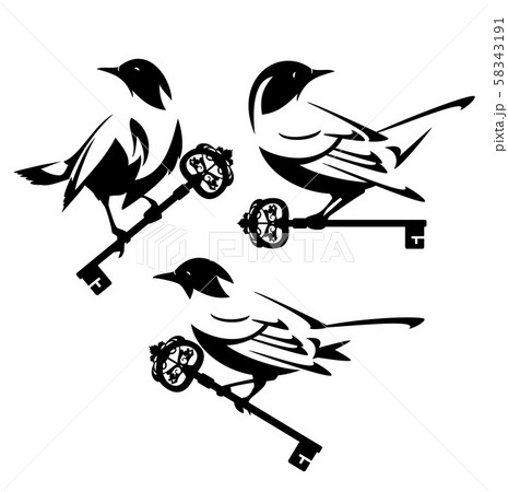 bird and antique skeleton key black and white vector design set bird and antique skeleton key black and white vector design set 58343191