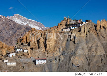 Dhankar monastry perched on a cliff in Himalayas, India 58347142
