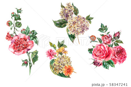 Watercolor Vintage Floral Set of Bouquet with Pink Watercolor Vintage Floral Set of Bouquet with Pink 58347241