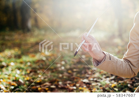 A young girl sketching near a lake in the autumn forest. Sketching 58347607