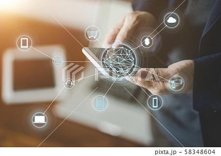 Man holding smart phone making online shopping and banking payment. Blurred background . 58348604