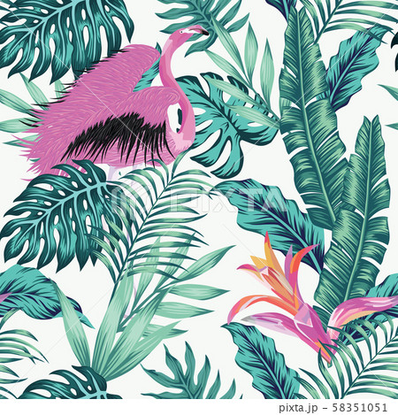Exotic bird pink flamingo leaves seamless white 58351051