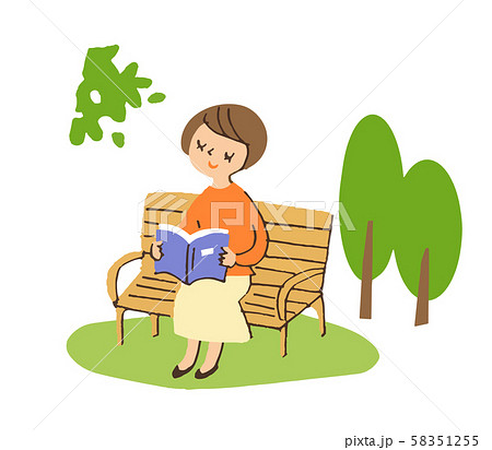 ベンチで読書する女性のイラスト素材