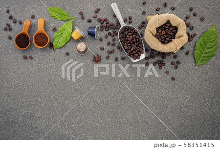 Coffee beans ,coffee capsule and coffee powder on 58351415