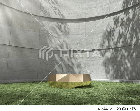 Metal pedestal for display,Platform for design,Blank product stand on lawn with Trees shadow on the wall .3D rendering. 58353786