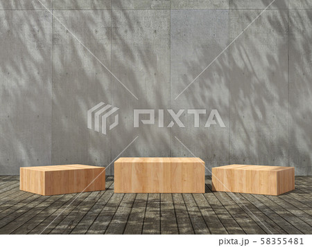 Wooden pedestal for display,Platform for design,Blank product,concrete room with Tree shadow on the wall .3D rendering. 58355481