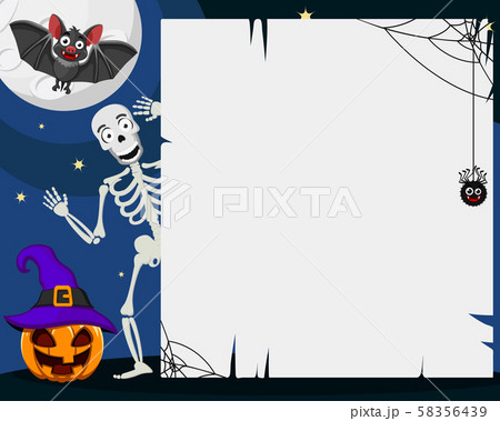 Skeleton peeks out from behind a white leaf next Skeleton peeks out from behind a white leaf next 58356439