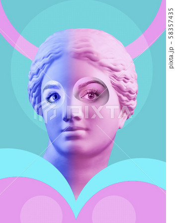 Contemporary art poster with ancient statue of Venus head and details of a living woman's face. 58357435