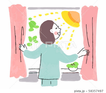 朝カーテンを開ける女性のイラスト素材
