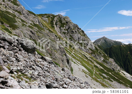 北アルプス　槍沢登山道から大槍ヒュッテと常念岳　 58361101