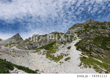 北アルプス 槍沢登山道から槍ヶ岳を仰ぎ見る 北アルプス 槍沢登山道から槍ヶ岳を仰ぎ見る 58361112