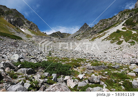 北アルプス　槍沢登山道から槍ヶ岳を仰ぎ見る 58361119