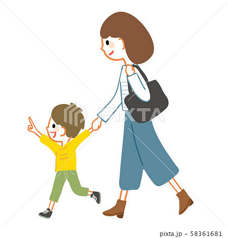 子供と手をつないで歩く母親 育児 親子のイラスト素材