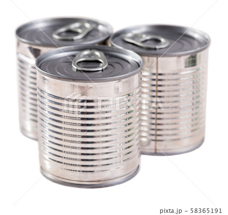 Three silver tin cans closeup 58365191