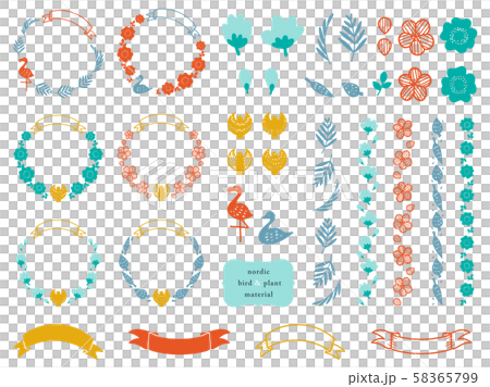 北欧風の鳥と植物のセットのイラスト素材