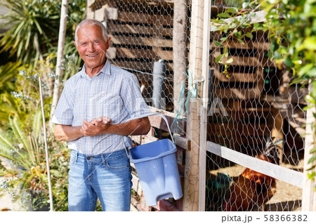 Elderly gardener near henhouse 58366382