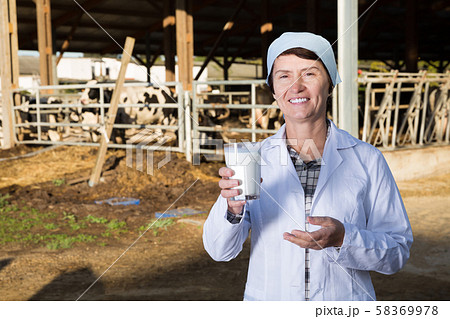 Mature woman cow milk in glass at cowshed on farm Mature woman cow milk in glass at cowshed on farm 58369978