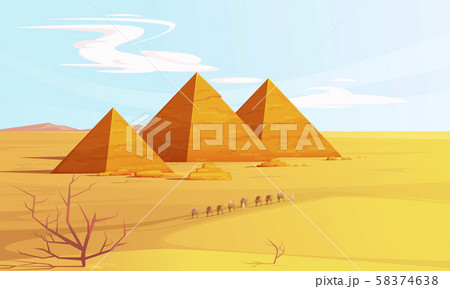 Desert landscape with egyptian pyramids and camels 58374638