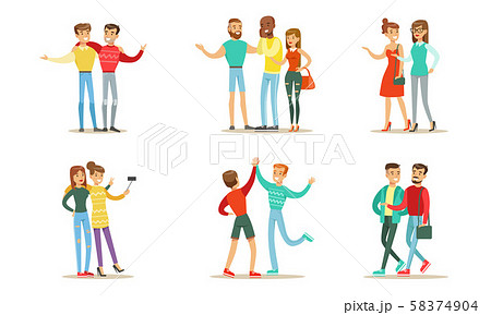 Friends Spending Good Time Together Set, Men and Women Meeting, Walking, Making Selfie, Giving High Friends Spending Good Time Together Set, Men and Women Meeting, Walking, Making Selfie, Giving High 58374904