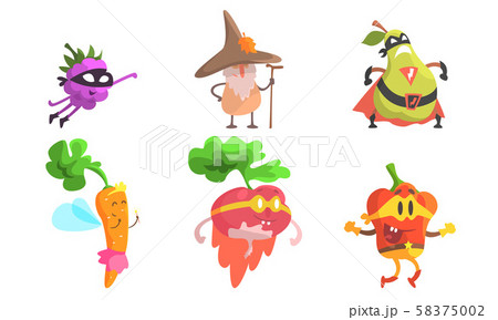 Funny Fruit Characters Wearing Wizard and Superhero Costume Set, Blackberry, Pear, Carrot, Radish 58375002