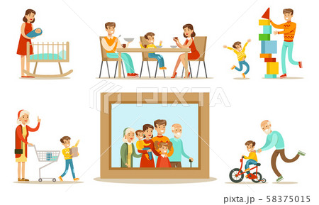 Happy Family Portrait, Grandparents, Parents and Children Having Good Time Together Set Vector 58375015