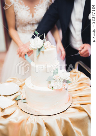 Bride and groom at wedding cutting the wedding cake 58377184