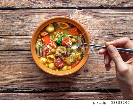 Spicy chorizo sausage stew with vegetables 58383246