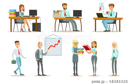 People Working in the Office Set, Male and Female Business Characters Sitting at Desks and Standing People Working in the Office Set, Male and Female Business Characters Sitting at Desks and Standing 58383320