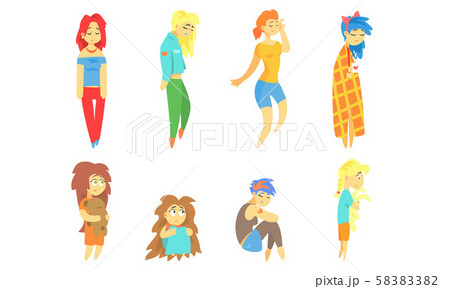 Collection of Sad and Depressed Girls, Unhappy Young Women, Depression Concept Vector Illustration 58383382
