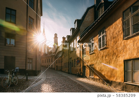 Stockholm, Sweden. Sunshine During Sunset Above Traditional Stockholm Street. Beautiful Street In 58385209