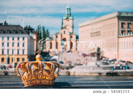 Stockholm, Sweden. Skeppsholmsbron - Skeppsholm Bridge With Its Famous Golden Crown In Stockholm 58385255