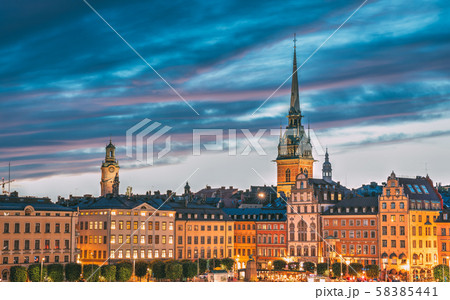 Stockholm, Sweden. Scenic View Of Skyline At Evening Night. Tower Of Storkyrkan - The Great Church Stockholm, Sweden. Scenic View Of Skyline At Evening Night. Tower Of Storkyrkan - The Great Church 58385441